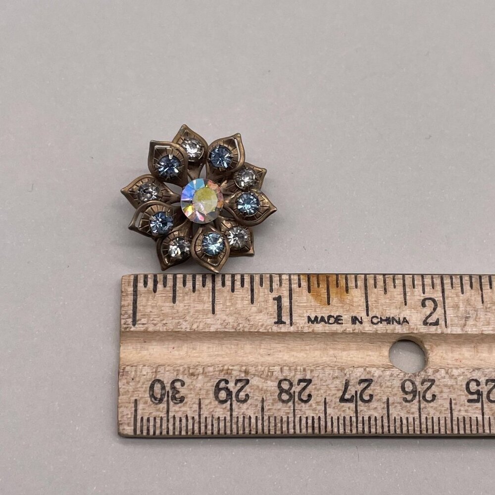 Set of 2 Blue Rhinestone Engraved Brooch Pin Brass Tone Minimalist Everyday - Picture 5 of 5